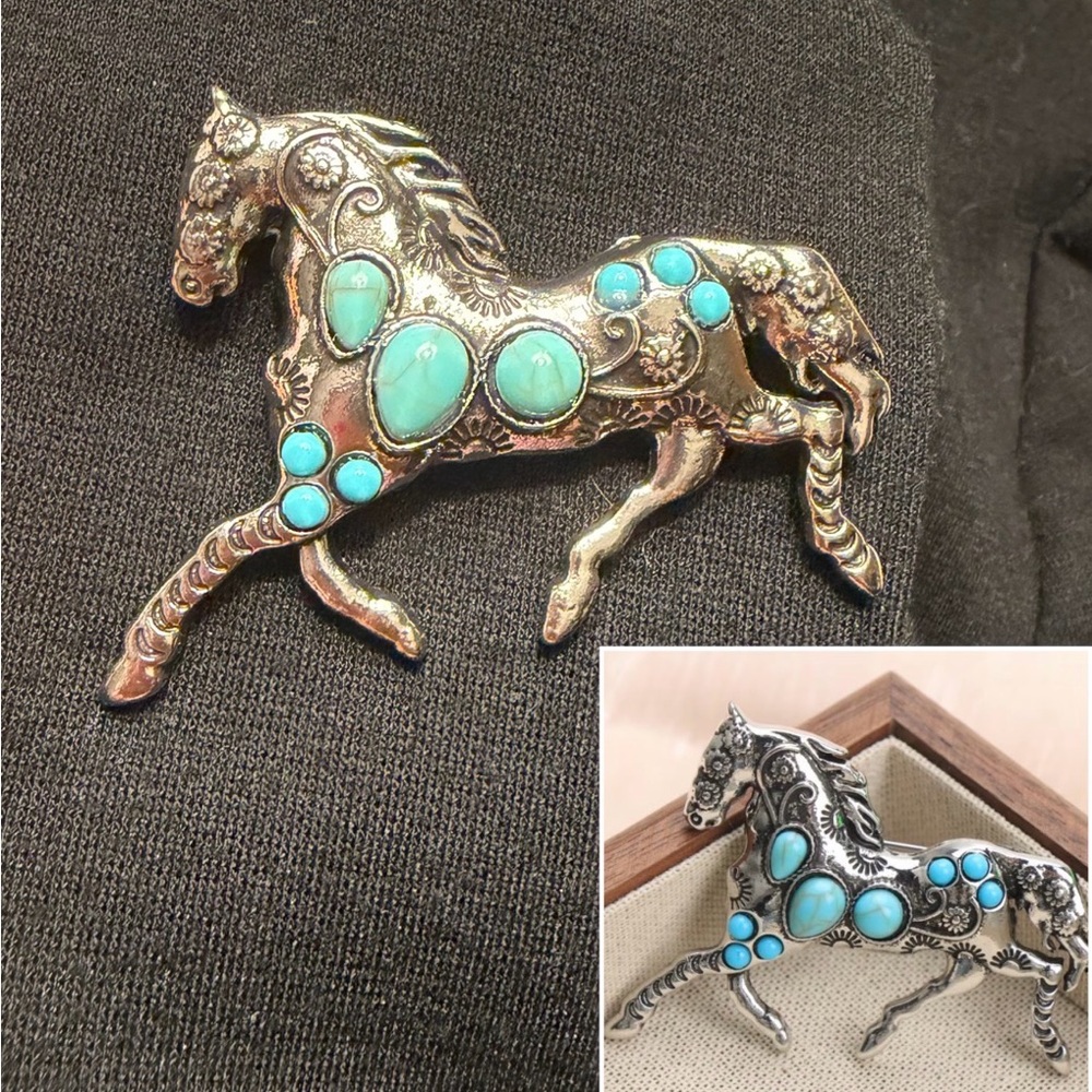 Western Silver Horse Brooch with Turquoise Accents western brooch Cowgirl Cowboy